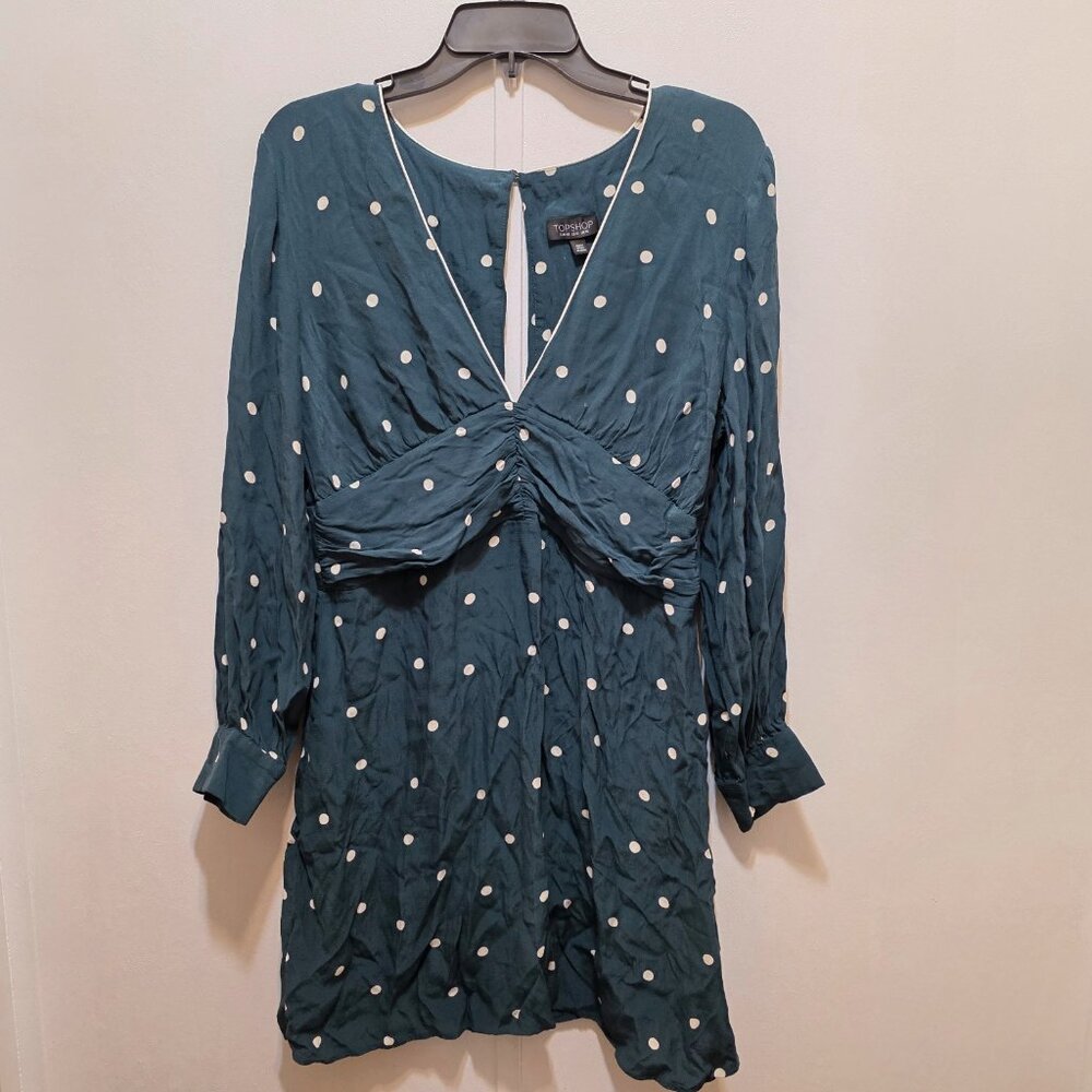 Topshop Teal Green White Polka Dot V Neck L/S Ruched‎ Waist A Line Dress 12